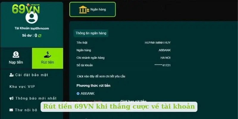 Rút tiền 69VN khi thắng cược về tài khoản